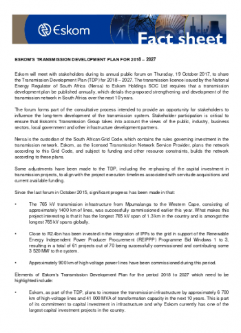 ESKOM’S Transmission Development Plan for 2018 – 2027